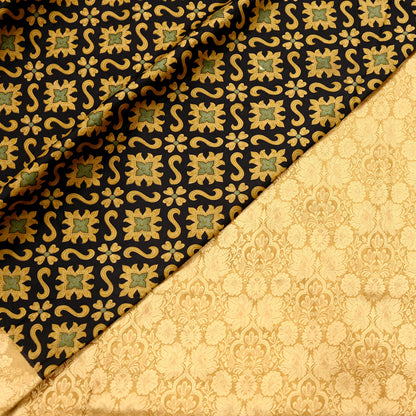 Vintage Sari Beige & Black Pure Silk Hand Woven Printed Saree Fabric 5yard Sewing Dress Designing for Crafting Quilting Upcycle Soft Border