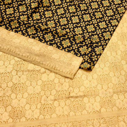 Vintage Sari Beige & Black Pure Silk Hand Woven Printed Saree Fabric 5yard Sewing Dress Designing for Crafting Quilting Upcycle Soft Border