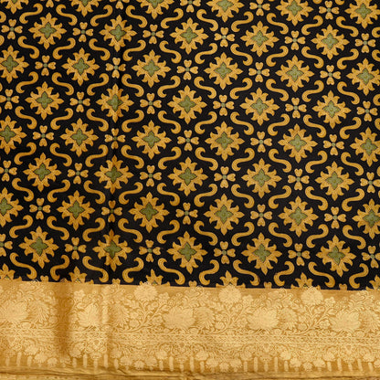 Vintage Sari Beige & Black Pure Silk Hand Woven Printed Saree Fabric 5yard Sewing Dress Designing for Crafting Quilting Upcycle Soft Border