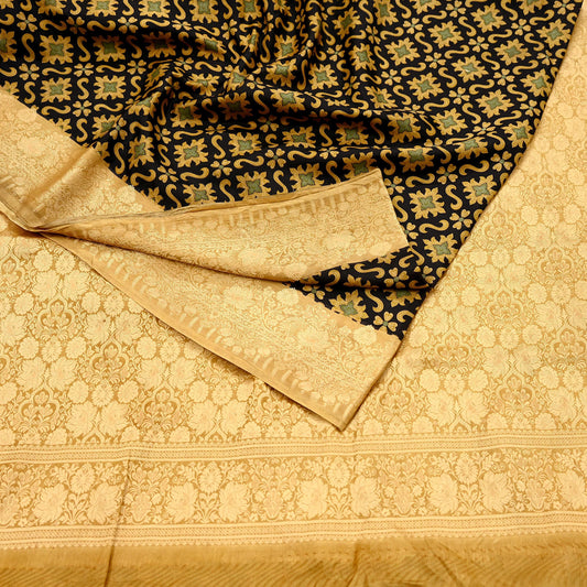 Vintage Sari Beige & Black Pure Silk Hand Woven Printed Saree Fabric 5yard Sewing Dress Designing for Crafting Quilting Upcycle Soft Border