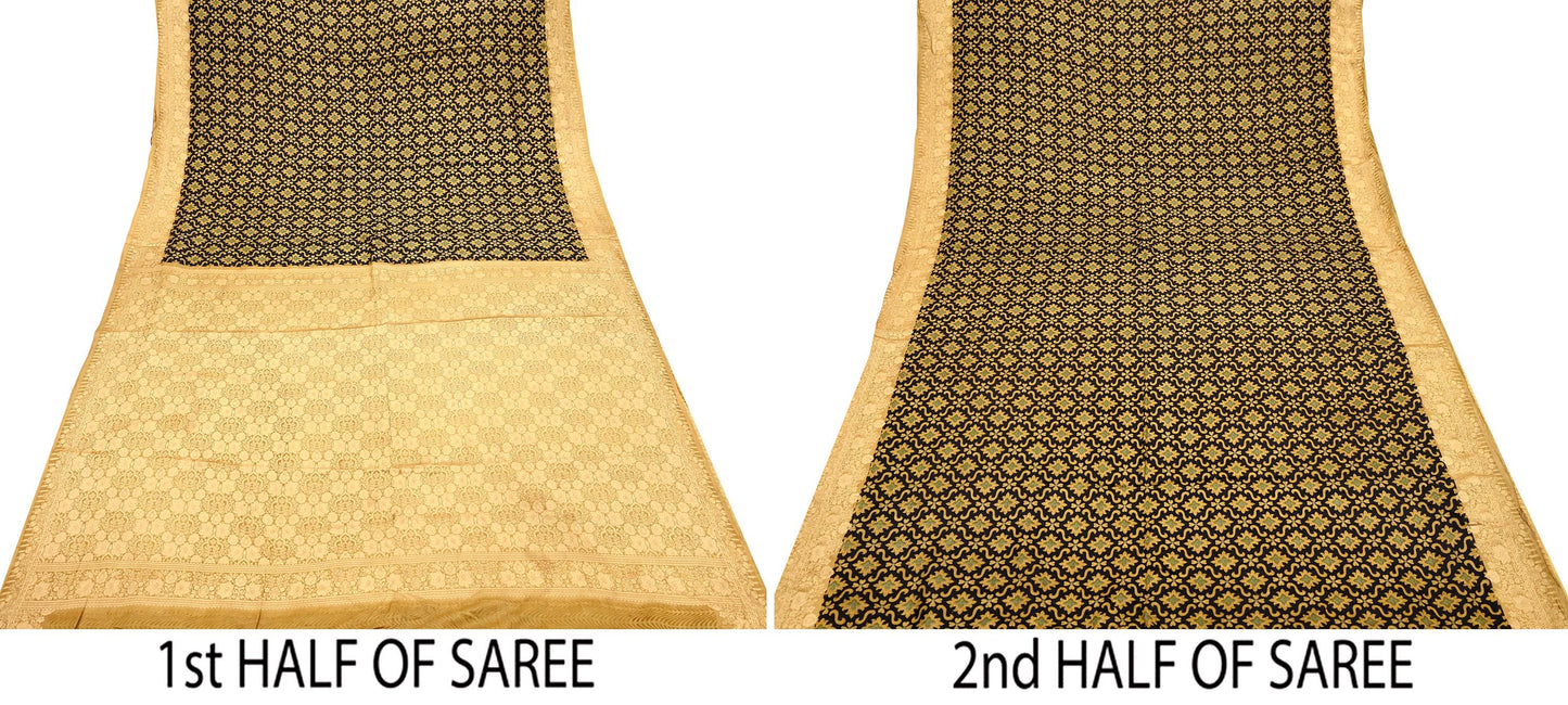 Vintage Sari Beige & Black Pure Silk Hand Woven Printed Saree Fabric 5yard Sewing Dress Designing for Crafting Quilting Upcycle Soft Border