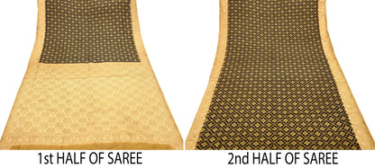 Vintage Sari Beige & Black Pure Silk Hand Woven Printed Saree Fabric 5yard Sewing Dress Designing for Crafting Quilting Upcycle Soft Border