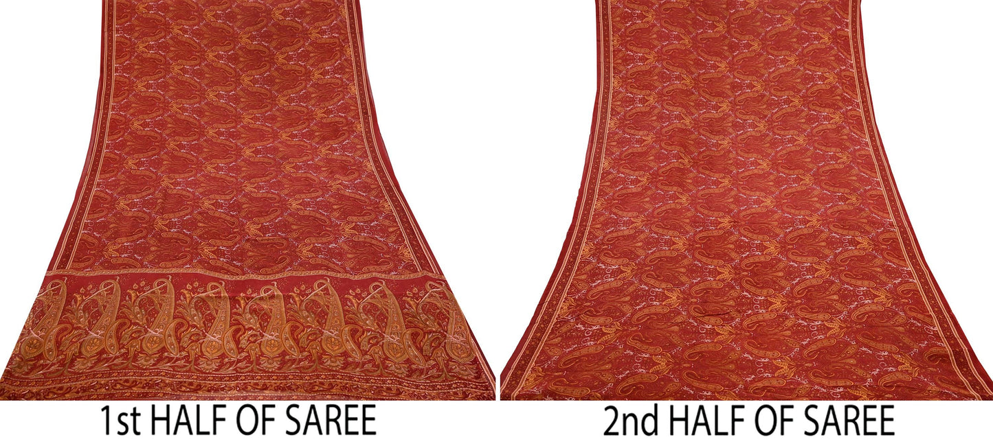 Women Vintage Sari Maroon Pure Georgette Silk Printed Saree Craft Fabric Sewing 5Yard Soft Light Dress Making Floral