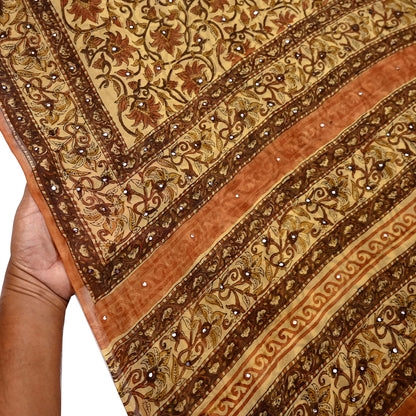 Women Vintage Sari Beige Pure Georgette Silk Digital Printed Saree Craft Fabric Sewing 5Yd Light Dress Making Geometric Crafting Quilting