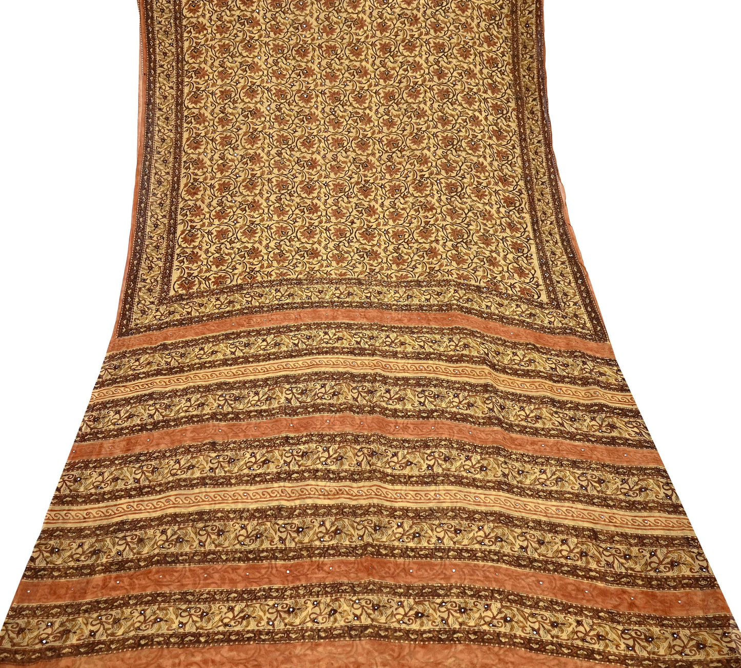 Women Vintage Sari Beige Pure Georgette Silk Digital Printed Saree Craft Fabric Sewing 5Yd Light Dress Making Geometric Crafting Quilting