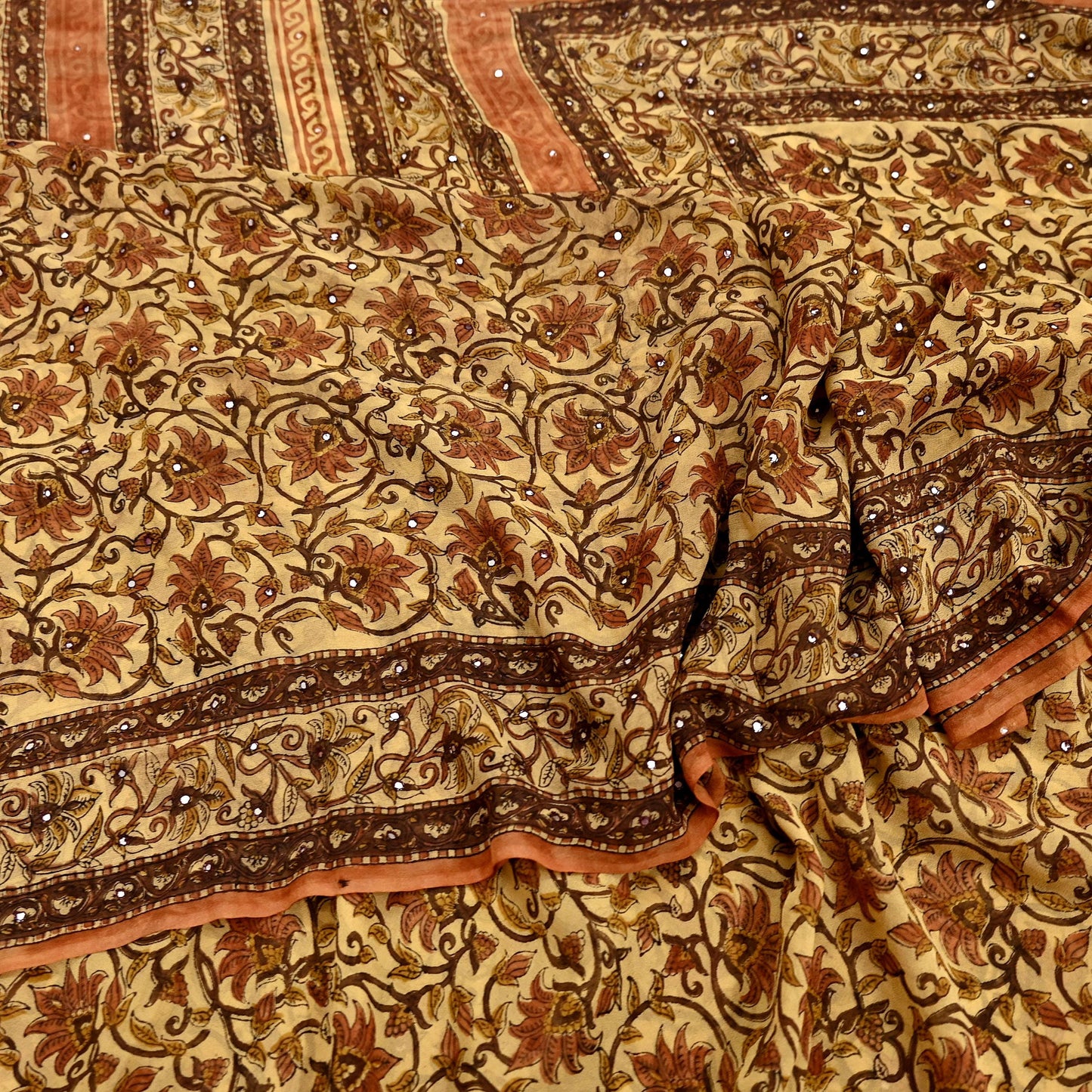 Women Vintage Sari Beige Pure Georgette Silk Digital Printed Saree Craft Fabric Sewing 5Yd Light Dress Making Geometric Crafting Quilting