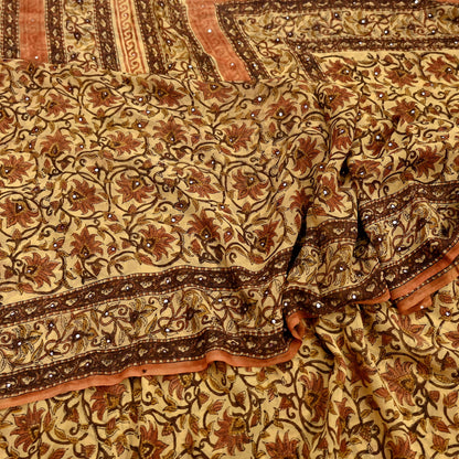 Women Vintage Sari Beige Pure Georgette Silk Digital Printed Saree Craft Fabric Sewing 5Yd Light Dress Making Geometric Crafting Quilting