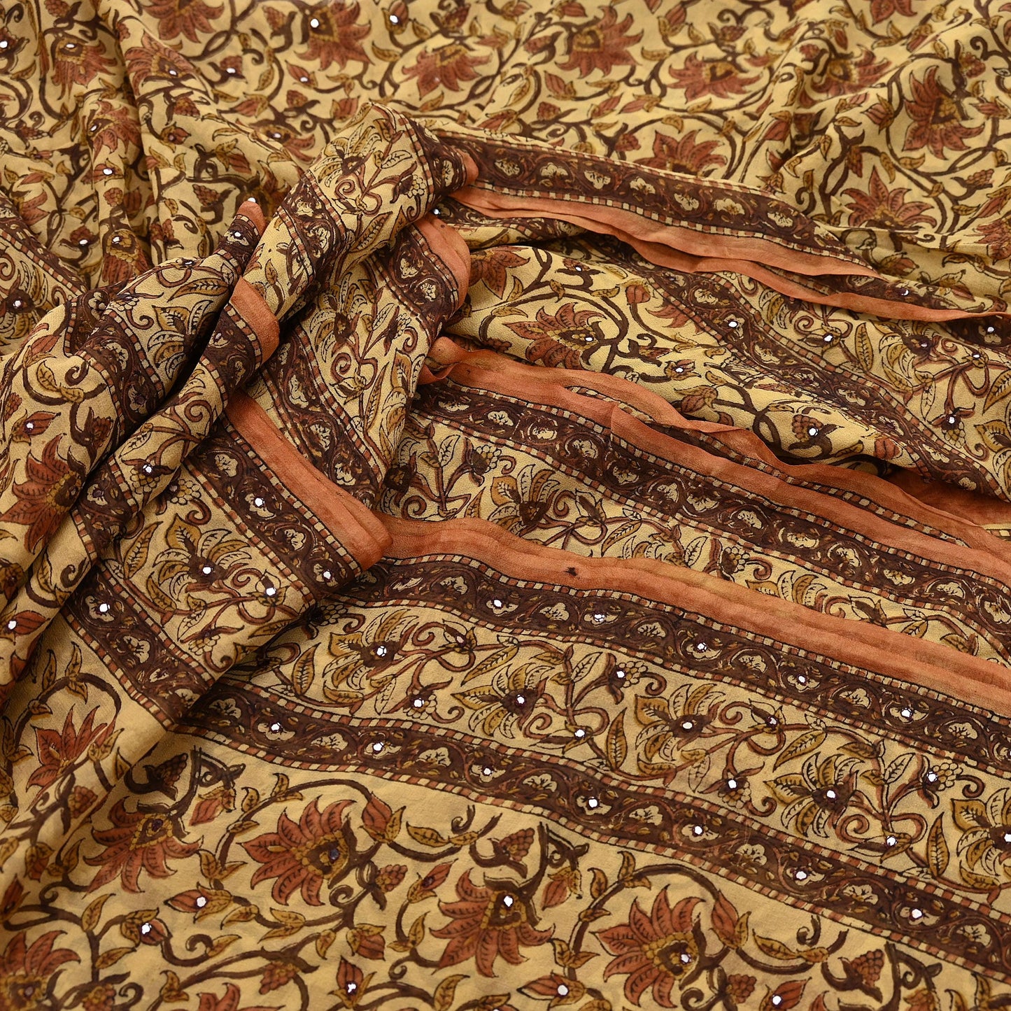 Women Vintage Sari Beige Pure Georgette Silk Digital Printed Saree Craft Fabric Sewing 5Yd Light Dress Making Geometric Crafting Quilting