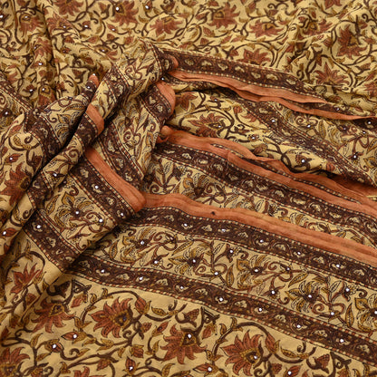 Women Vintage Sari Beige Pure Georgette Silk Digital Printed Saree Craft Fabric Sewing 5Yd Light Dress Making Geometric Crafting Quilting