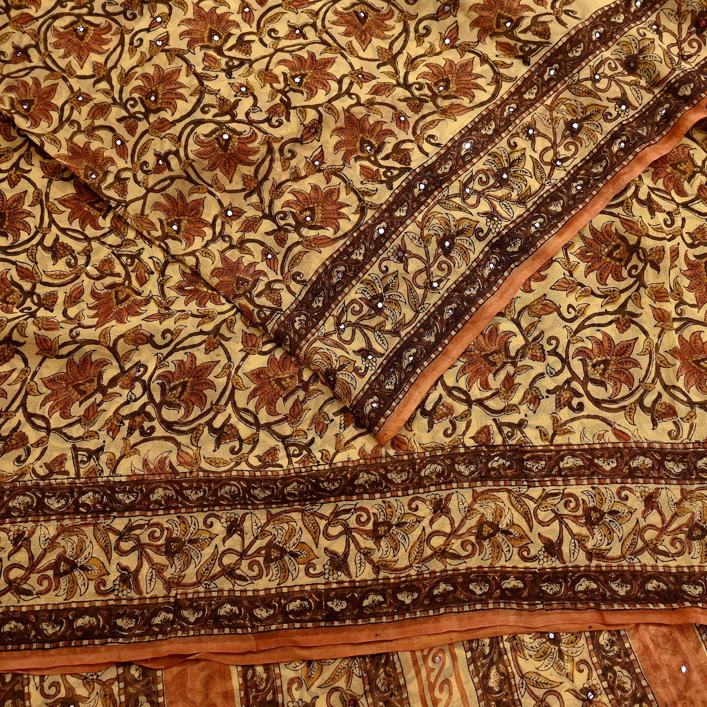 Women Vintage Sari Beige Pure Georgette Silk Digital Printed Saree Craft Fabric Sewing 5Yd Light Dress Making Geometric Crafting Quilting