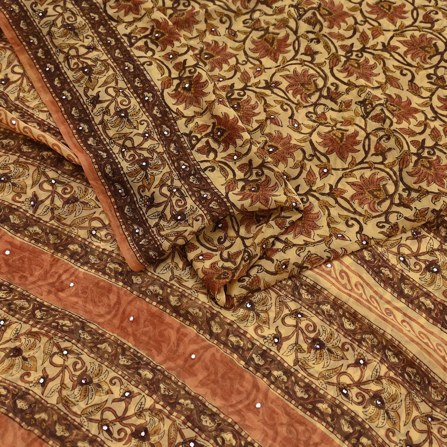 Women Vintage Sari Beige Pure Georgette Silk Digital Printed Saree Craft Fabric Sewing 5Yd Light Dress Making Geometric Crafting Quilting