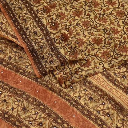 Women Vintage Sari Beige Pure Georgette Silk Digital Printed Saree Craft Fabric Sewing 5Yd Light Dress Making Geometric Crafting Quilting