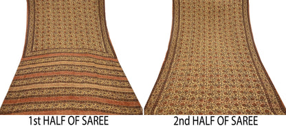 Women Vintage Sari Beige Pure Georgette Silk Digital Printed Saree Craft Fabric Sewing 5Yd Light Dress Making Geometric Crafting Quilting