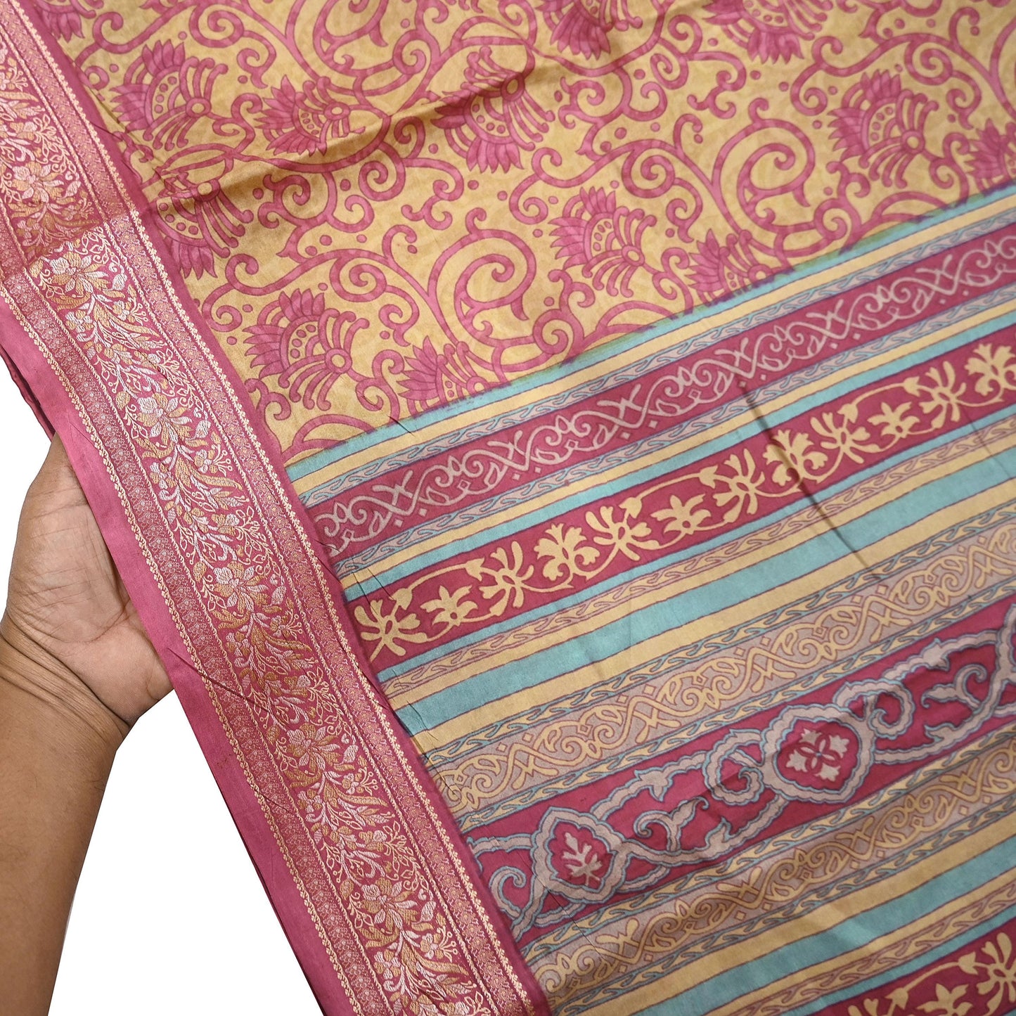 Indian Vintage Sari Pink & Beige Pure Silk Printed Sarees 5yd Sewing Craft Fabric Dress Making Soft Floral Paisley Upcycle Quilting Crafting