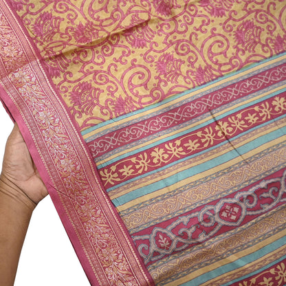 Indian Vintage Sari Pink & Beige Pure Silk Printed Sarees 5yd Sewing Craft Fabric Dress Making Soft Floral Paisley Upcycle Quilting Crafting