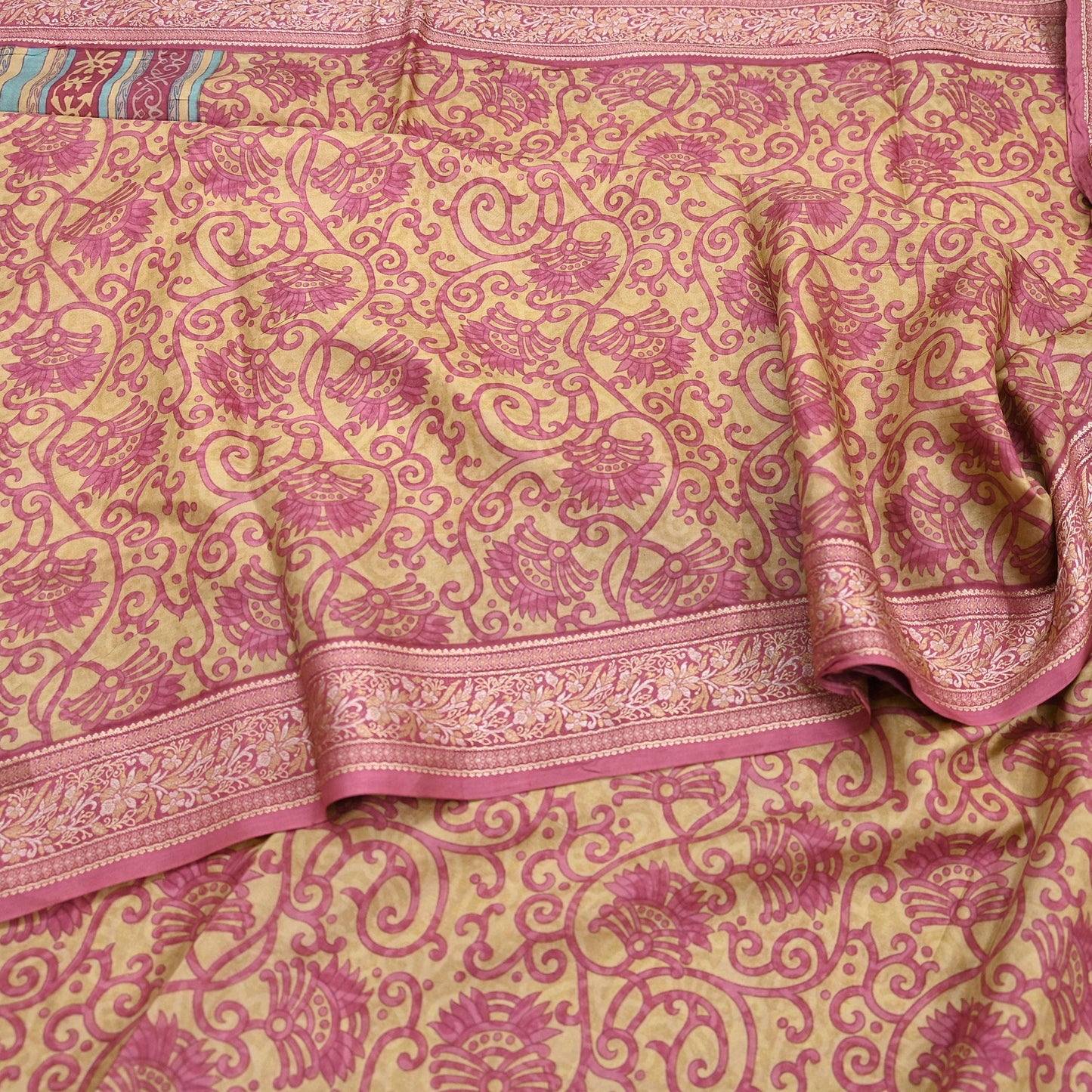 Indian Vintage Sari Pink & Beige Pure Silk Printed Sarees 5yd Sewing Craft Fabric Dress Making Soft Floral Paisley Upcycle Quilting Crafting