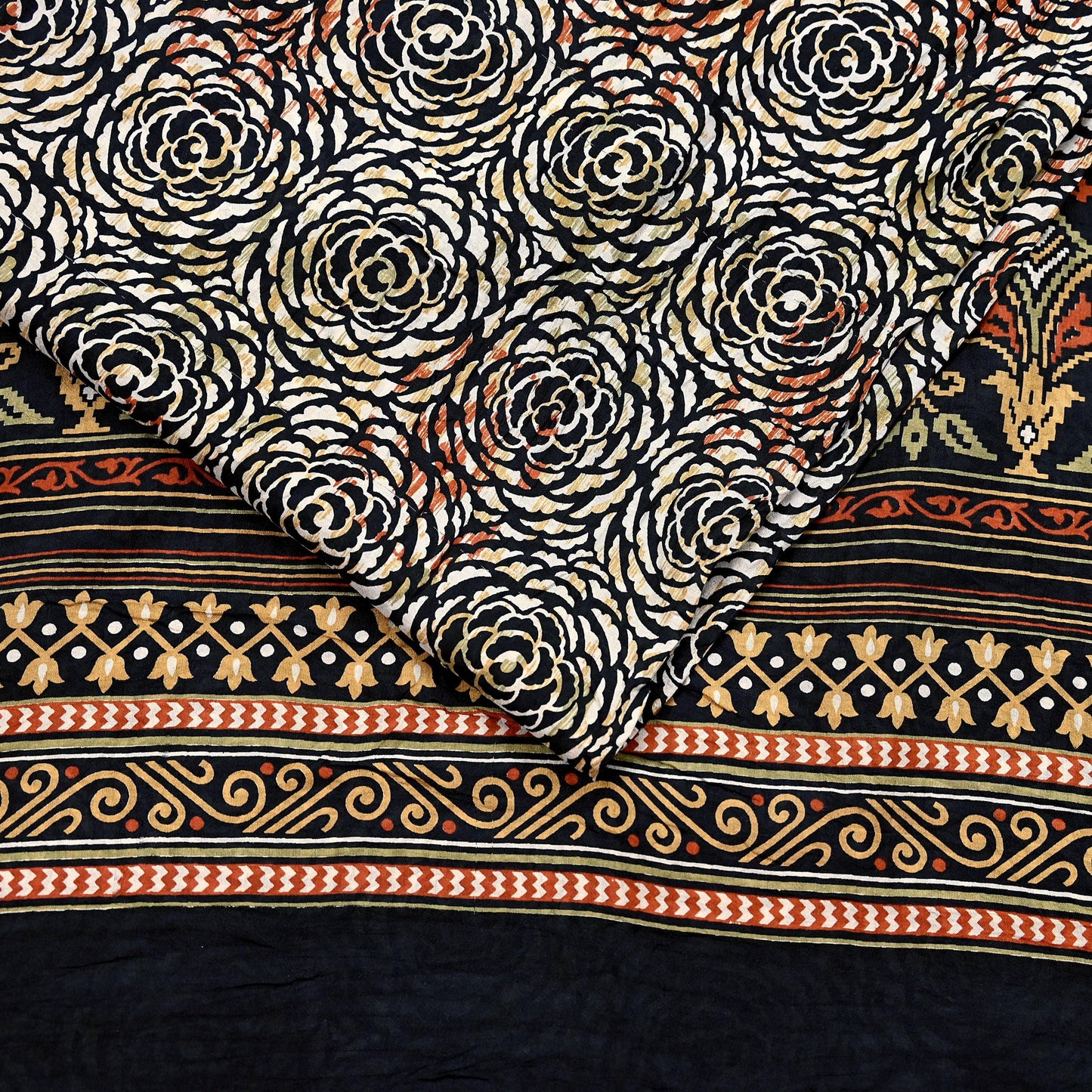 Indian Vintage Black & Beige Saree Pure Silk Block Printed Sari Craft Fabric 5yd Sewing DressMaking Soft Floral Quilting Crafting Upcycle