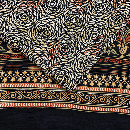 Indian Vintage Black & Beige Saree Pure Silk Block Printed Sari Craft Fabric 5yd Sewing DressMaking Soft Floral Quilting Crafting Upcycle