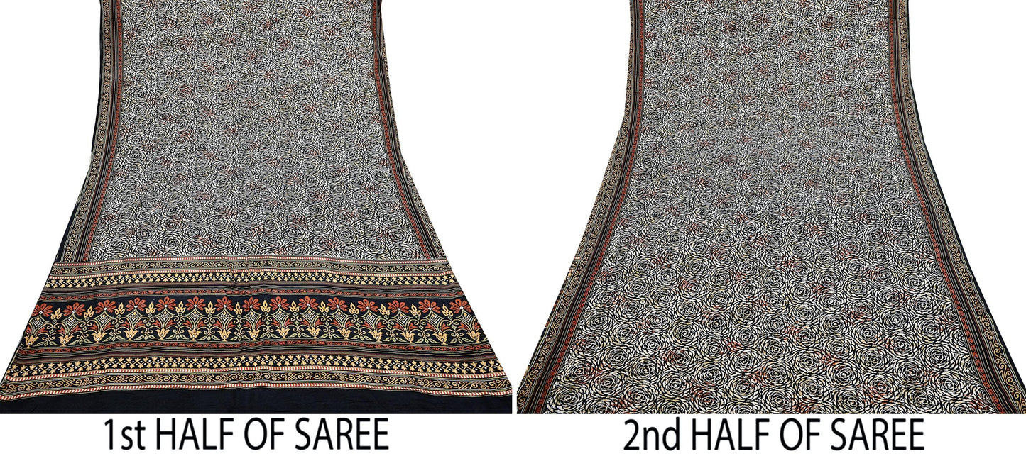 Indian Vintage Black & Beige Saree Pure Silk Block Printed Sari Craft Fabric 5yd Sewing DressMaking Soft Floral Quilting Crafting Upcycle