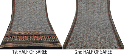 Indian Vintage Black & Beige Saree Pure Silk Block Printed Sari Craft Fabric 5yd Sewing DressMaking Soft Floral Quilting Crafting Upcycle