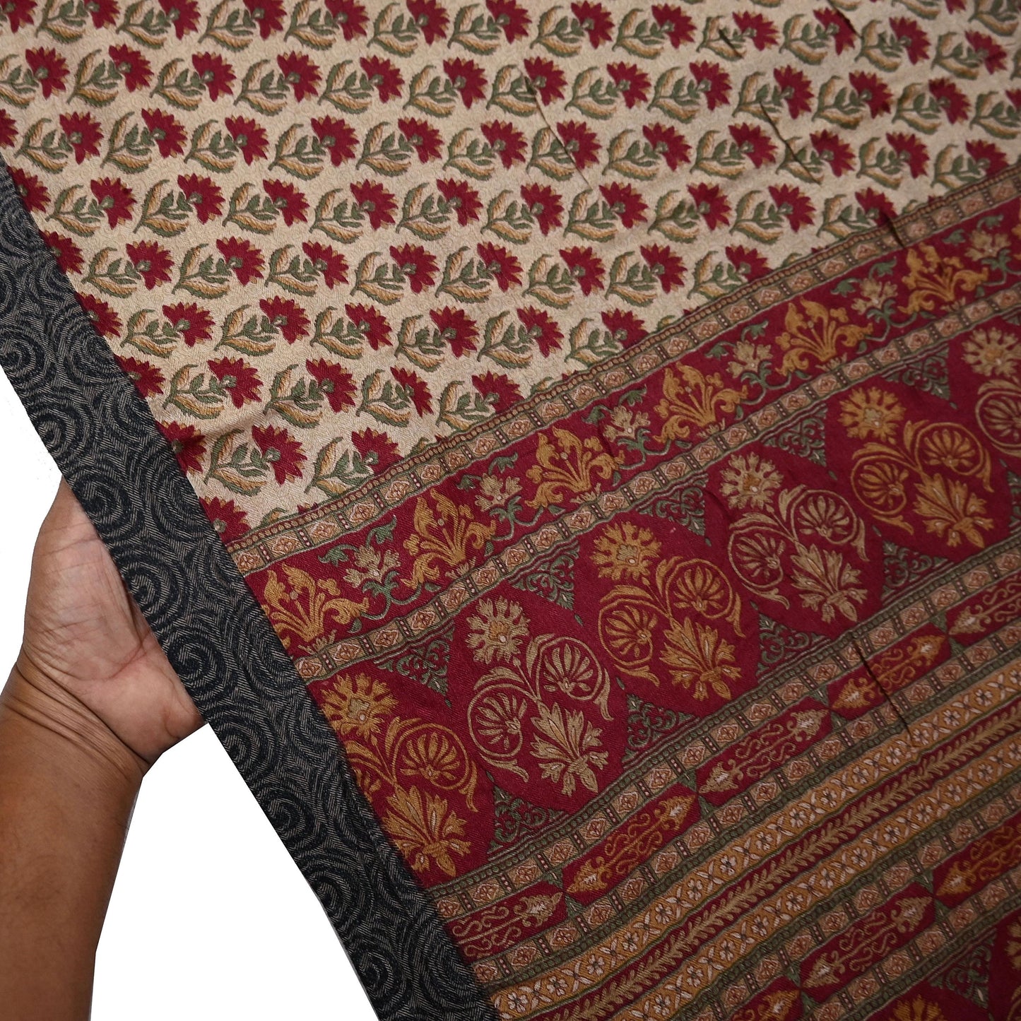 Indian Vintage Sari Maoon & Beige Pure Woolen Woven Printed Sarees Soft Warm Craft Fabric 5Yd Floral Dress making Crafting For Winter Soft