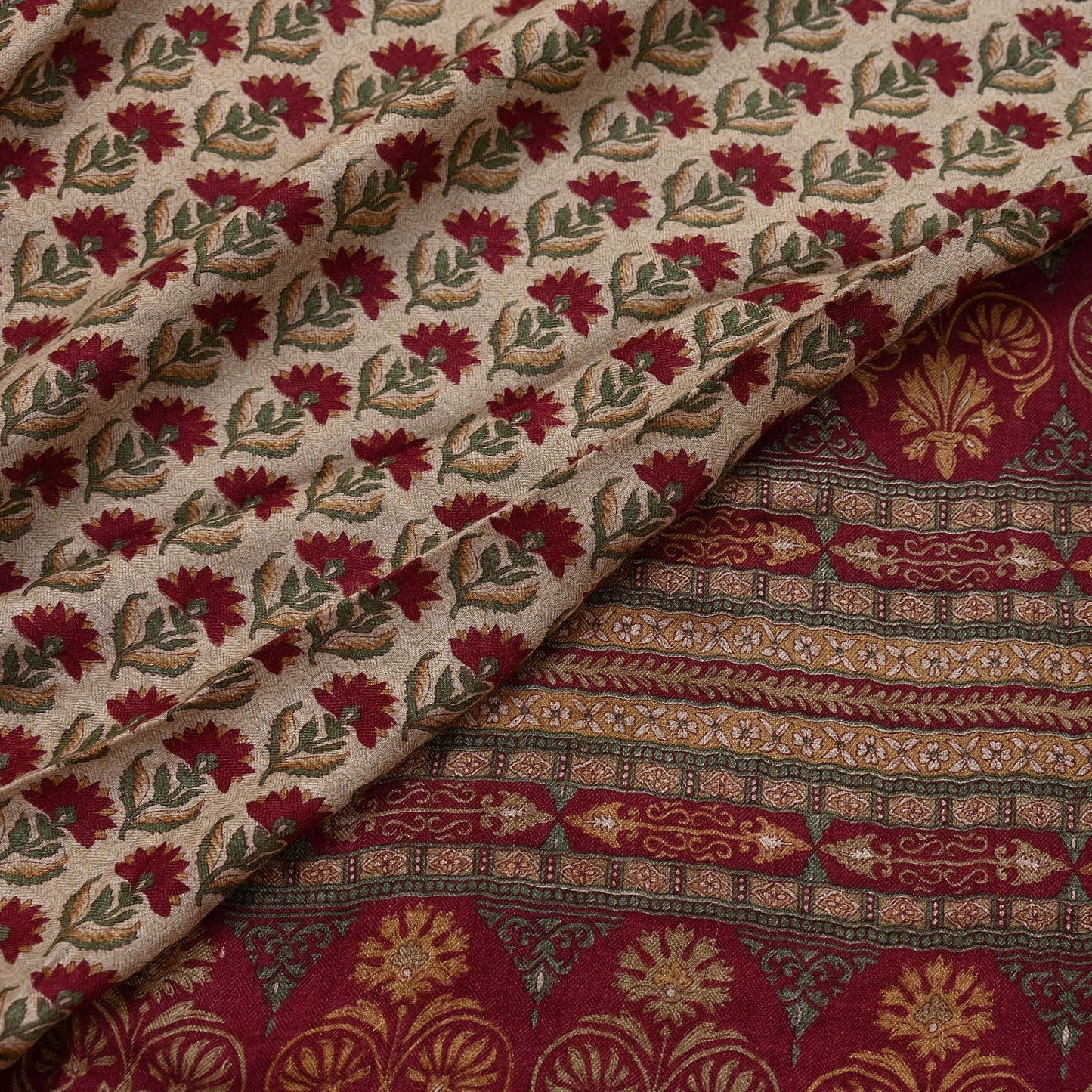 Indian Vintage Sari Maoon & Beige Pure Woolen Woven Printed Sarees Soft Warm Craft Fabric 5Yd Floral Dress making Crafting For Winter Soft