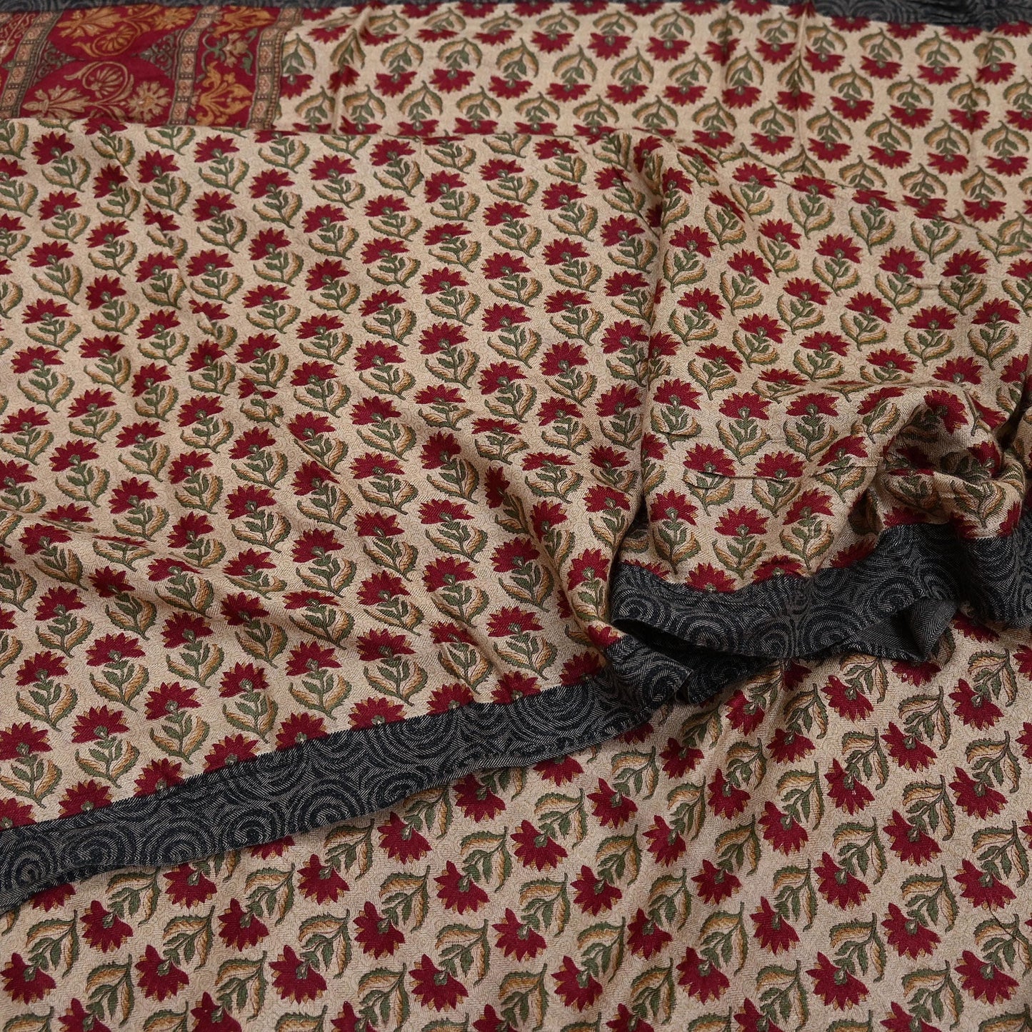 Indian Vintage Sari Maoon & Beige Pure Woolen Woven Printed Sarees Soft Warm Craft Fabric 5Yd Floral Dress making Crafting For Winter Soft