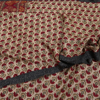 Indian Vintage Sari Maoon & Beige Pure Woolen Woven Printed Sarees Soft Warm Craft Fabric 5Yd Floral Dress making Crafting For Winter Soft