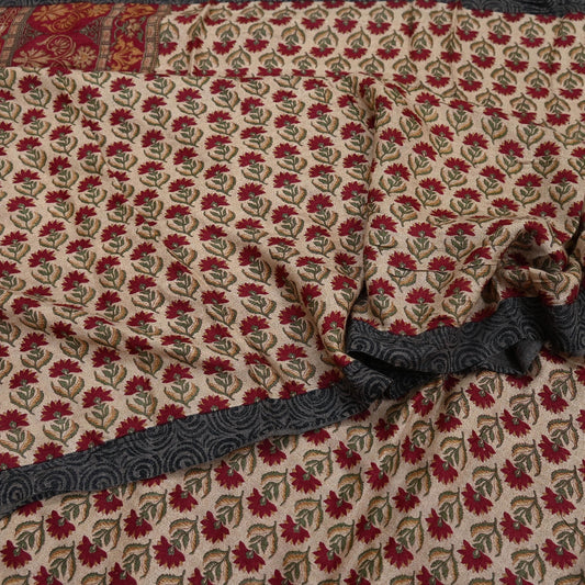 Indian Vintage Sari Maoon & Beige Pure Woolen Woven Printed Sarees Soft Warm Craft Fabric 5Yd Floral Dress making Crafting For Winter Soft