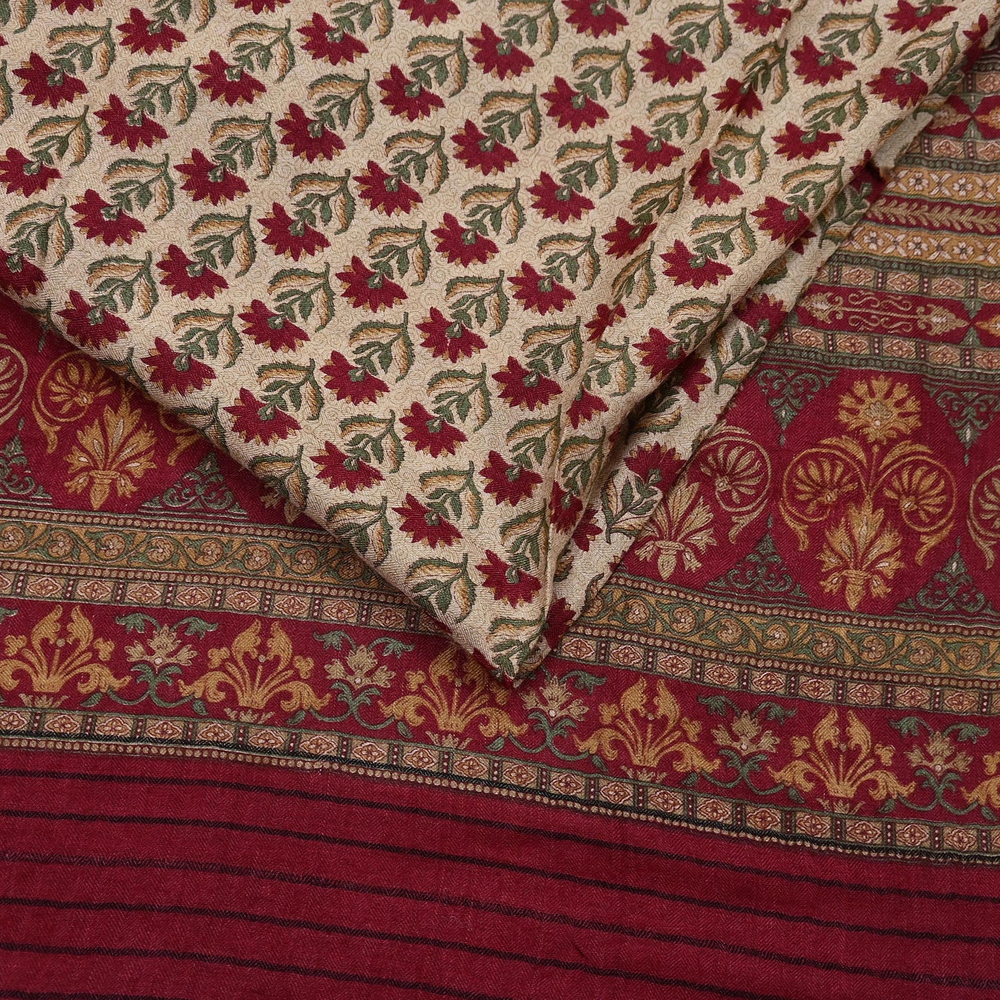 Indian Vintage Sari Maoon & Beige Pure Woolen Woven Printed Sarees Soft Warm Craft Fabric 5Yd Floral Dress making Crafting For Winter Soft