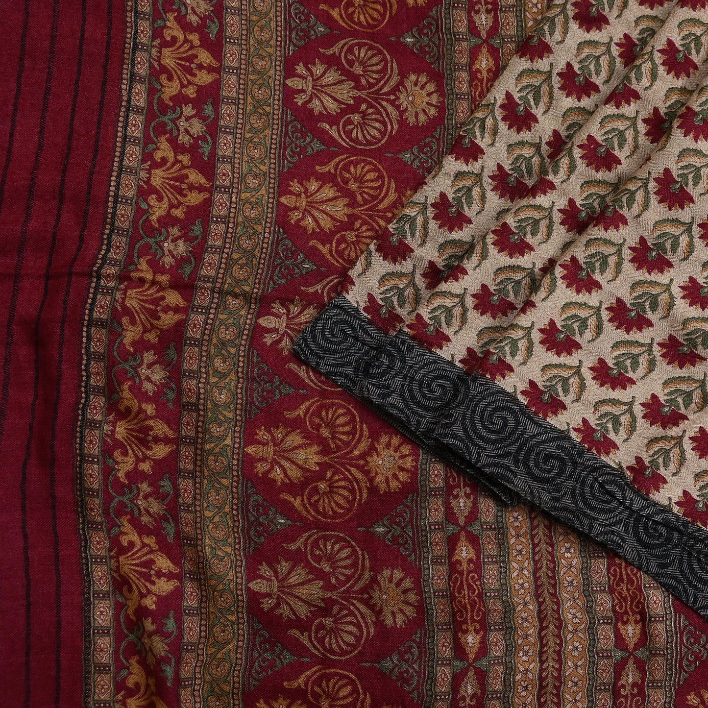 Indian Vintage Sari Maoon & Beige Pure Woolen Woven Printed Sarees Soft Warm Craft Fabric 5Yd Floral Dress making Crafting For Winter Soft