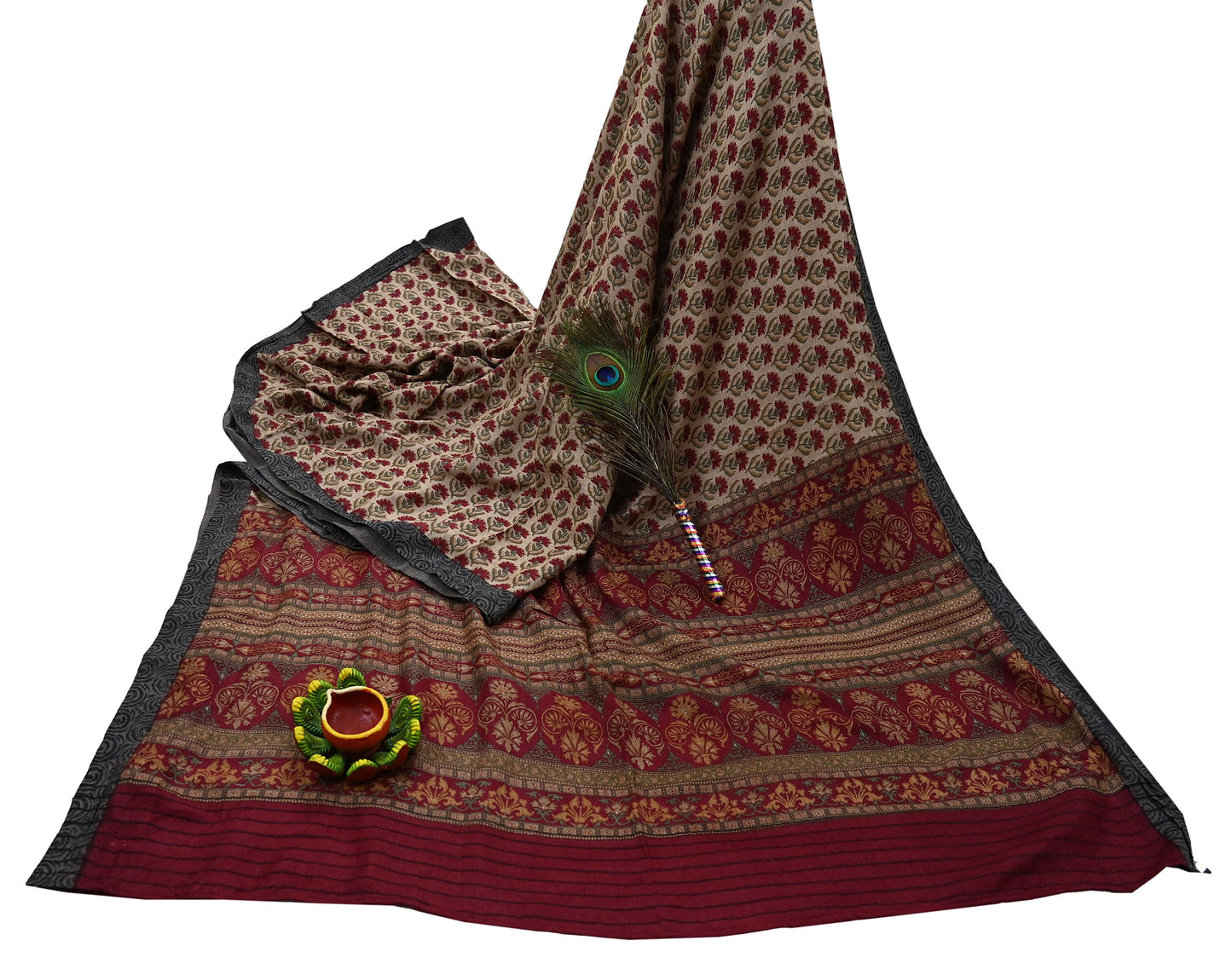 Indian Vintage Sari Maoon & Beige Pure Woolen Woven Printed Sarees Soft Warm Craft Fabric 5Yd Floral Dress making Crafting For Winter Soft