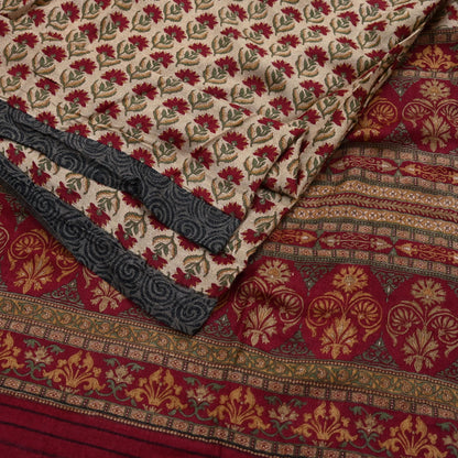 Indian Vintage Sari Maoon & Beige Pure Woolen Woven Printed Sarees Soft Warm Craft Fabric 5Yd Floral Dress making Crafting For Winter Soft