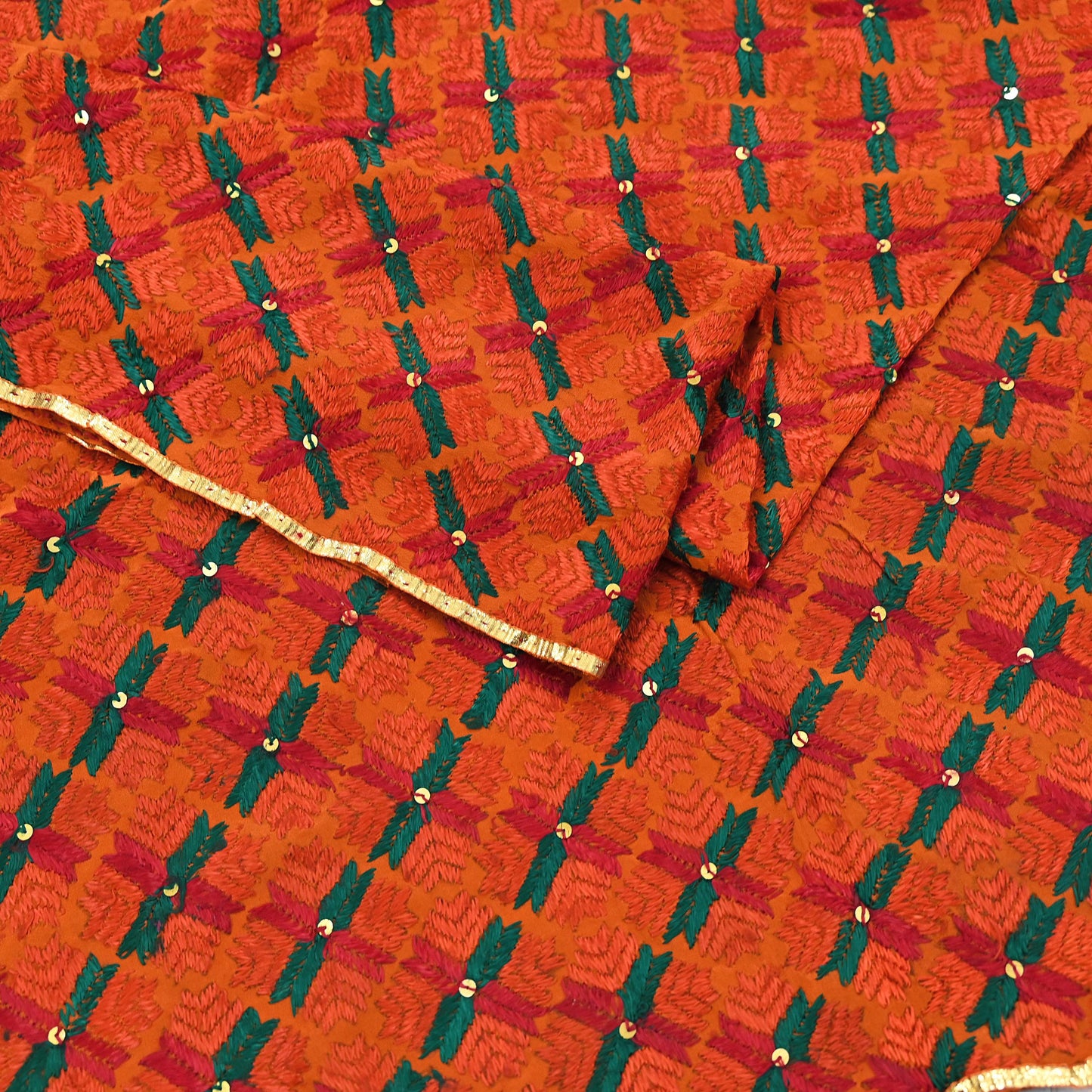 Indian Vintage Orange Heavy Wedding Dupatta Long Stole Pure Crepe silk Hand Embroidered Bagh Phulkari Stole Scarves