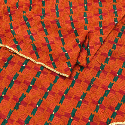 Indian Vintage Orange Heavy Wedding Dupatta Long Stole Pure Crepe silk Hand Embroidered Bagh Phulkari Stole Scarves