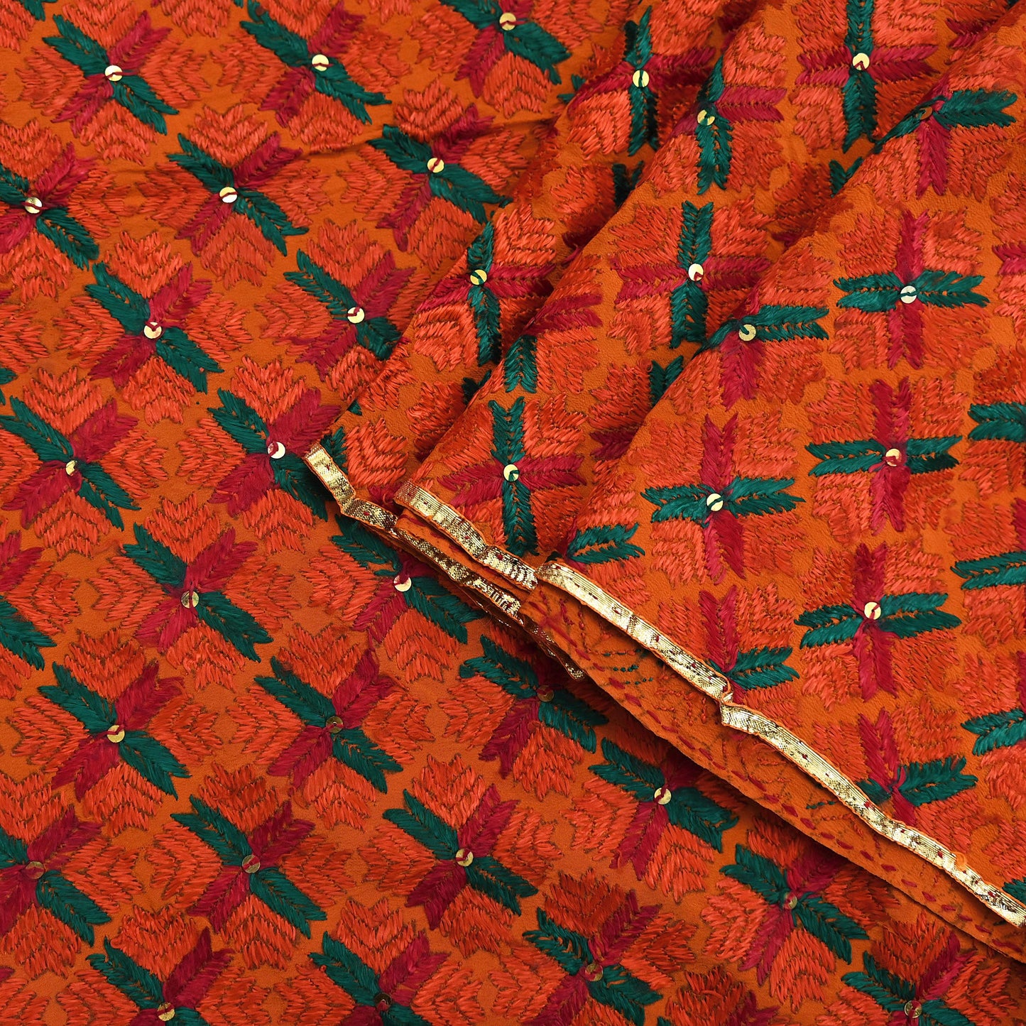 Indian Vintage Orange Heavy Wedding Dupatta Long Stole Pure Crepe silk Hand Embroidered Bagh Phulkari Stole Scarves