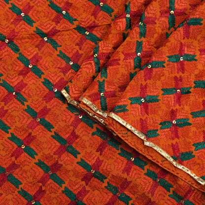 Indian Vintage Orange Heavy Wedding Dupatta Long Stole Pure Crepe silk Hand Embroidered Bagh Phulkari Stole Scarves