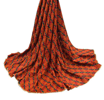Indian Vintage Orange Heavy Wedding Dupatta Long Stole Pure Crepe silk Hand Embroidered Bagh Phulkari Stole Scarves