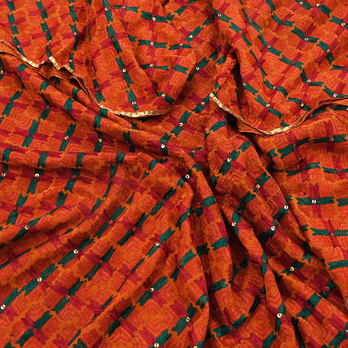 Indian Vintage Orange Heavy Wedding Dupatta Long Stole Pure Crepe silk Hand Embroidered Bagh Phulkari Stole Scarves