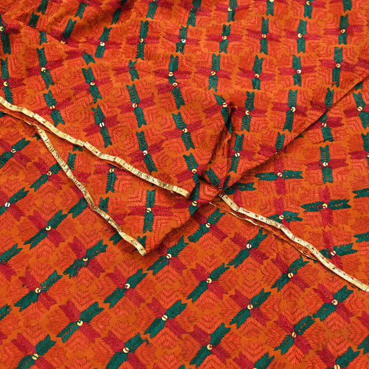 Indian Vintage Orange Heavy Wedding Dupatta Long Stole Pure Crepe silk Hand Embroidered Bagh Phulkari Stole Scarves