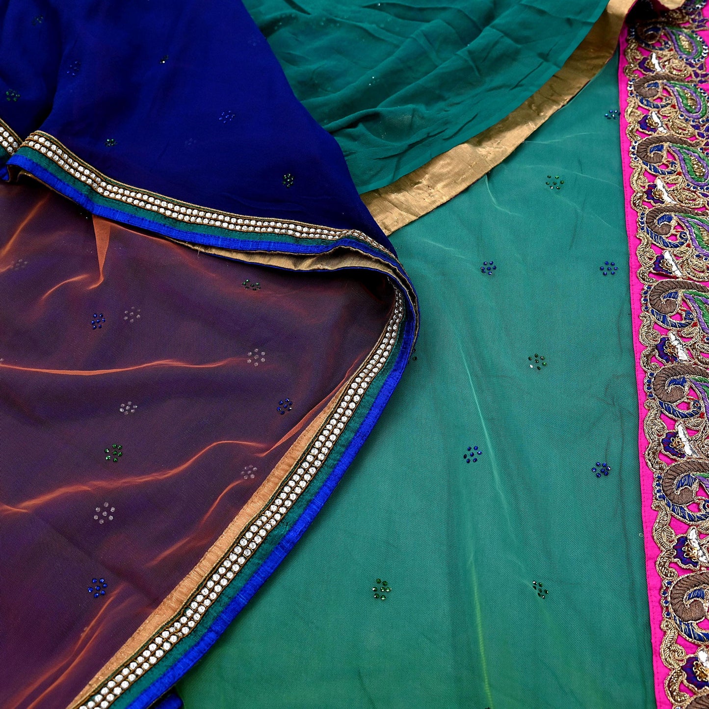 Indian Vintage Heavy Sari Multi Net/Mesh Embroidered Sarees Fabric 6Yd Sewing Soft Green Sequins Floral Zari Bridal/wedding Saris