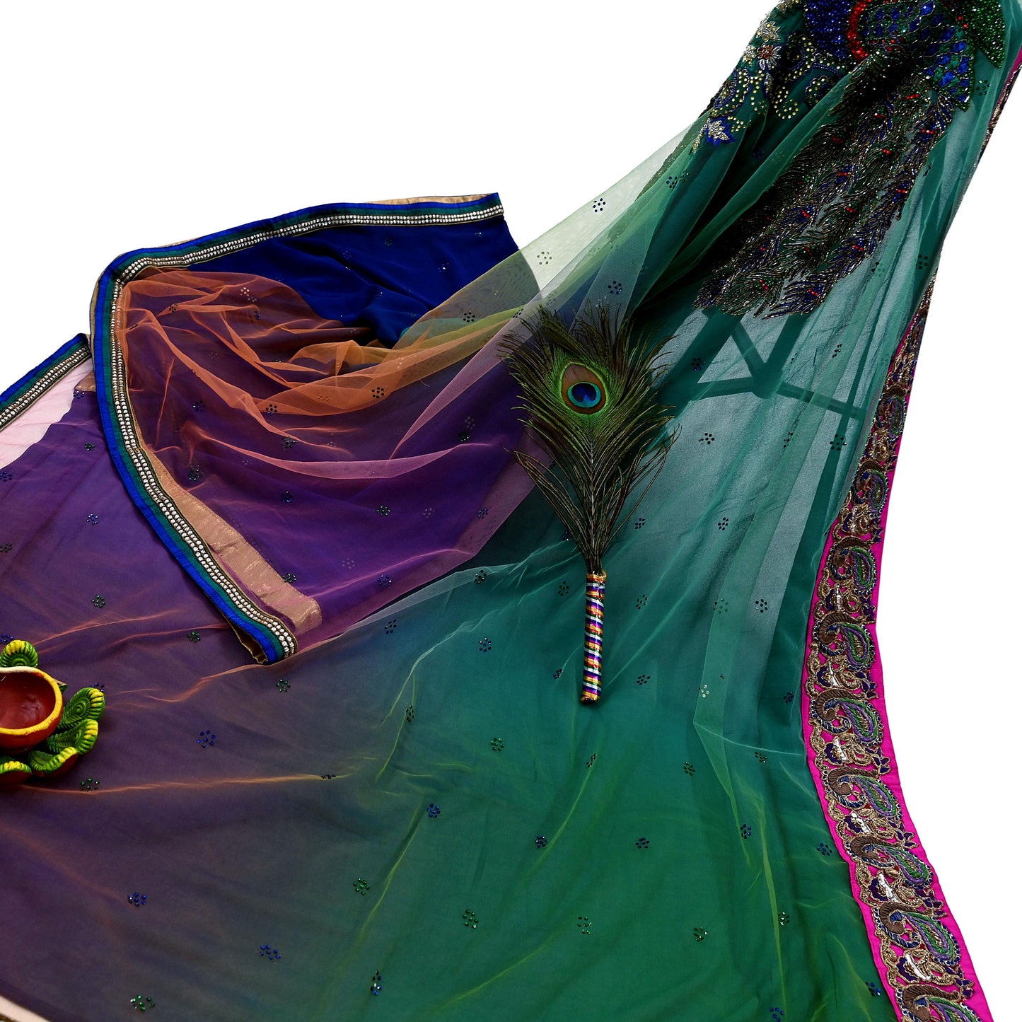 Indian Vintage Heavy Sari Multi Net/Mesh Embroidered Sarees Fabric 6Yd Sewing Soft Green Sequins Floral Zari Bridal/wedding Saris