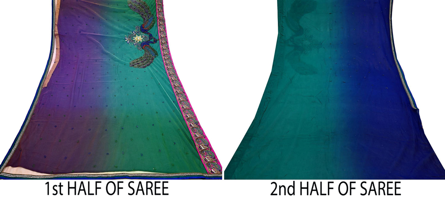 Indian Vintage Heavy Sari Multi Net/Mesh Embroidered Sarees Fabric 6Yd Sewing Soft Green Sequins Floral Zari Bridal/wedding Saris