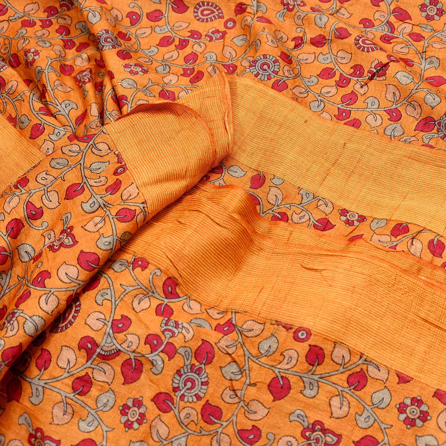 Indian Vintage Saffron Saree Pure Khadi Silk Handloom Kalamkari Sari Craft Fabric 5yd Ethnic Wear Sari Floral