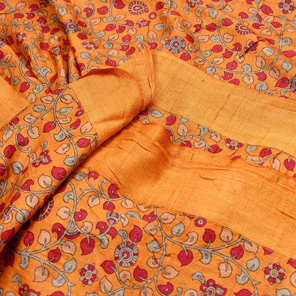 Indian Vintage Saffron Saree Pure Khadi Silk Handloom Kalamkari Sari Craft Fabric 5yd Ethnic Wear Sari Floral