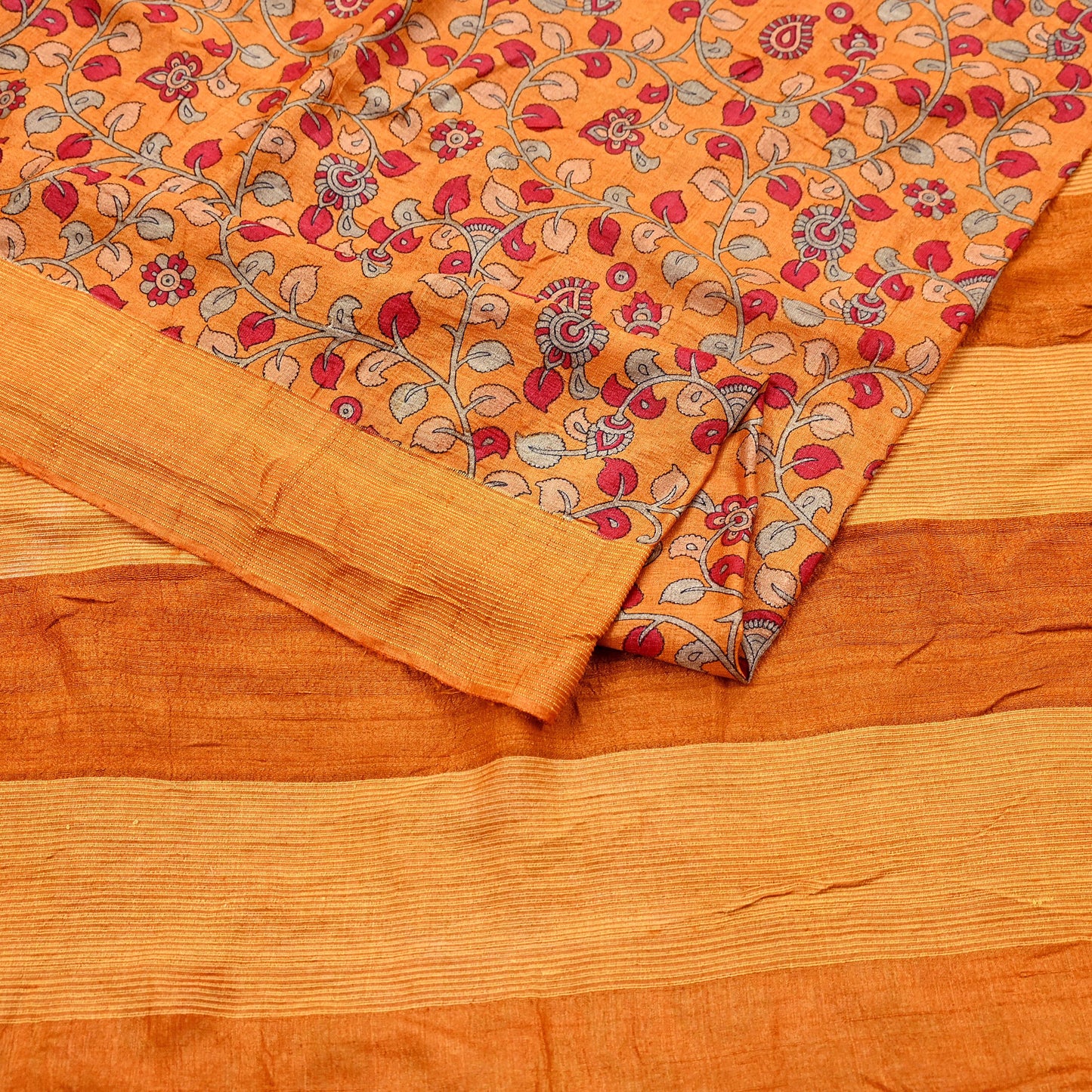 Indian Vintage Saffron Saree Pure Khadi Silk Handloom Kalamkari Sari Craft Fabric 5yd Ethnic Wear Sari Floral