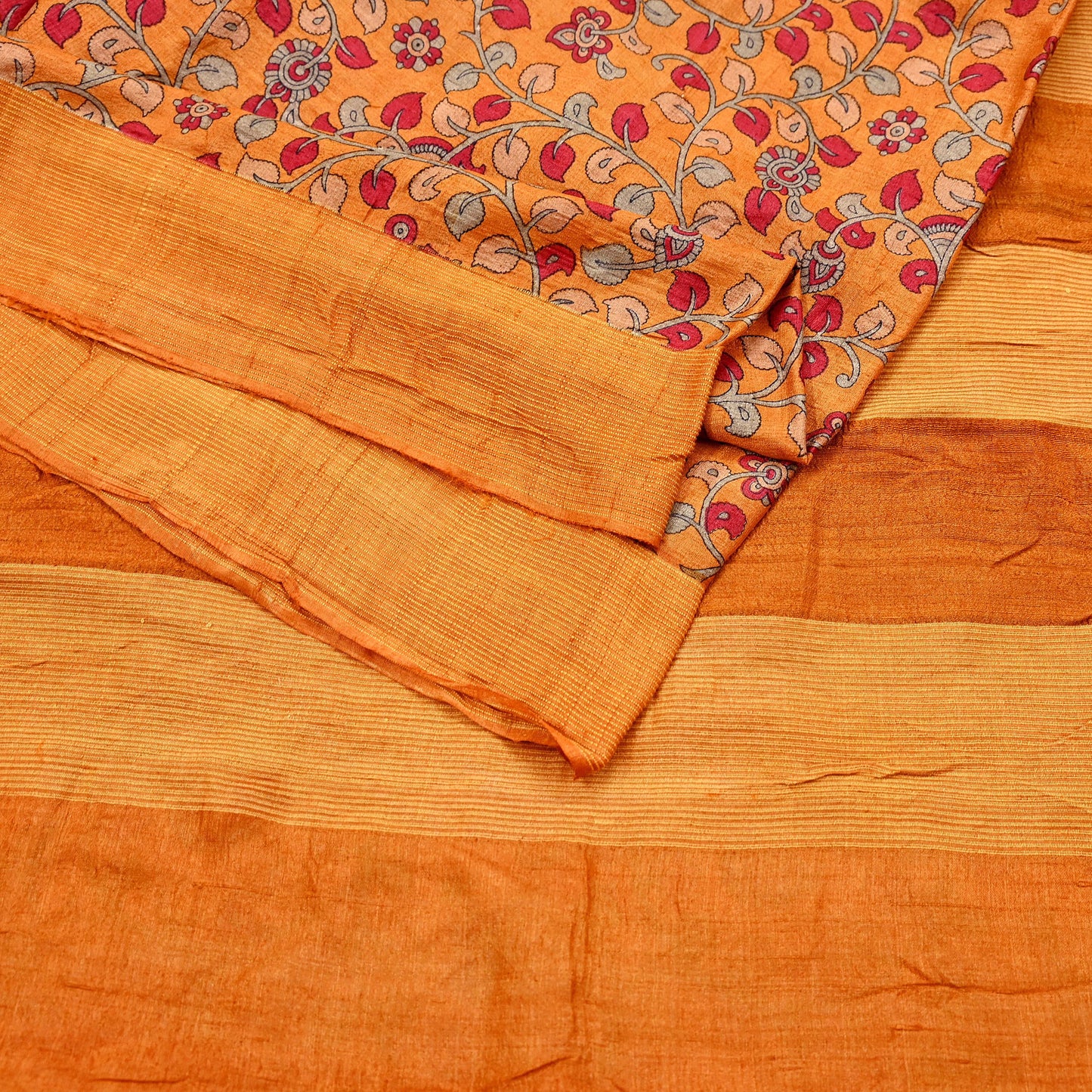Indian Vintage Saffron Saree Pure Khadi Silk Handloom Kalamkari Sari Craft Fabric 5yd Ethnic Wear Sari Floral