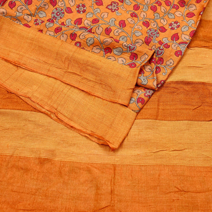 Indian Vintage Saffron Saree Pure Khadi Silk Handloom Kalamkari Sari Craft Fabric 5yd Ethnic Wear Sari Floral