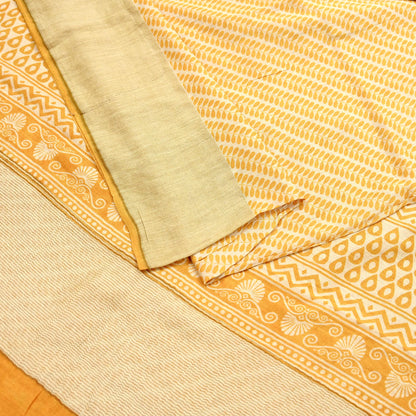 Indian Vintage Heavy Sari Beige & Yellow Pure Khadi Silk Handloom Saree Craft Fabric 5yd Ethnic Wear Dress making For Crafting Quilting
