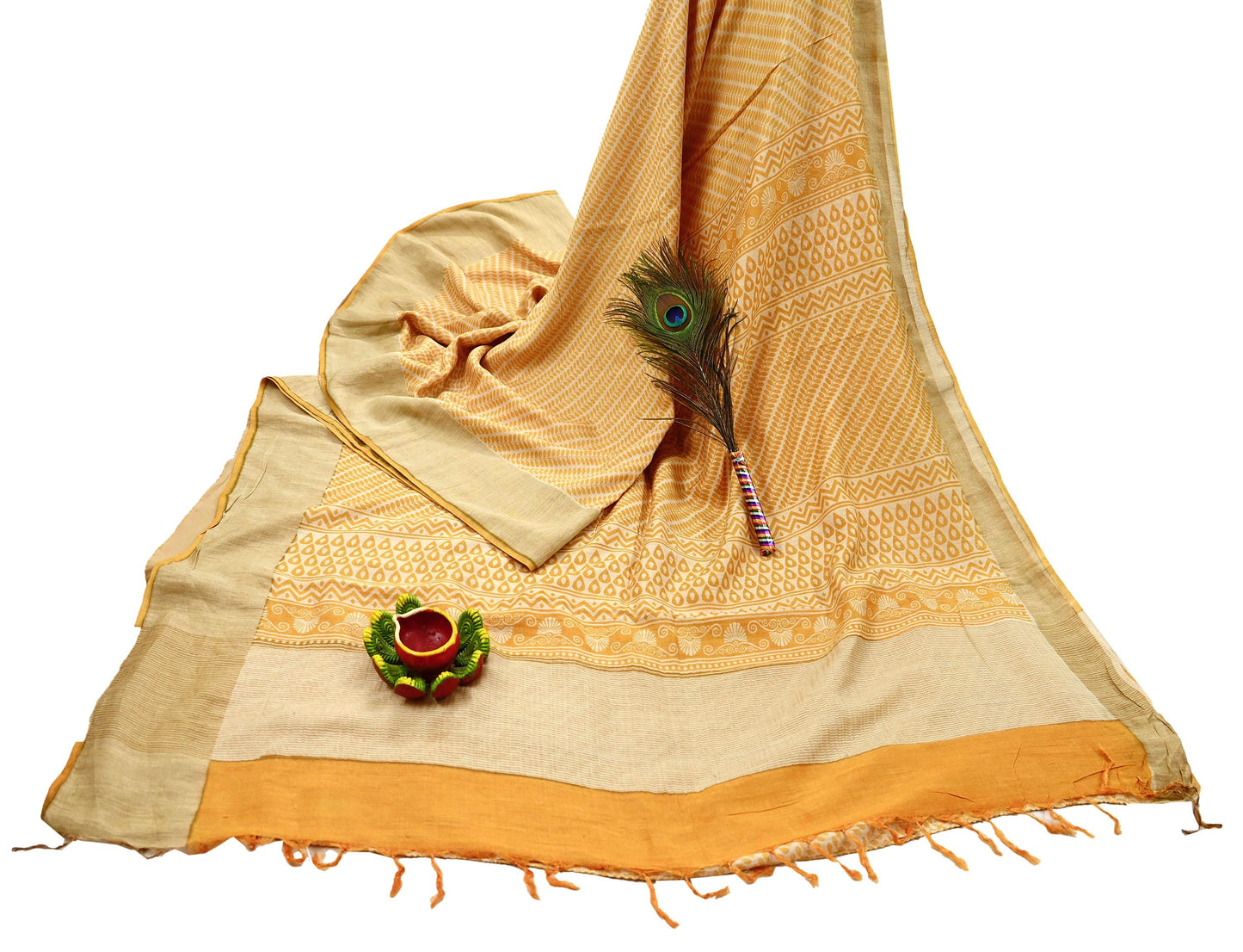 Indian Vintage Heavy Sari Beige & Yellow Pure Khadi Silk Handloom Saree Craft Fabric 5yd Ethnic Wear Dress making For Crafting Quilting